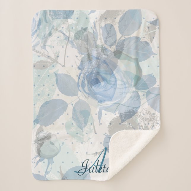Blue Roses pattern Monogram Sherpa Blanket (Front)