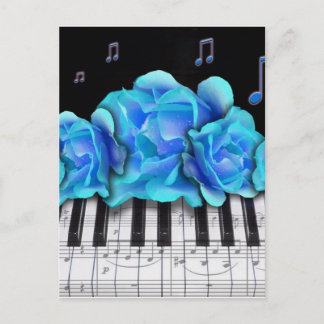 Blue Roses Piano Keyboard and Music Notes Postcard