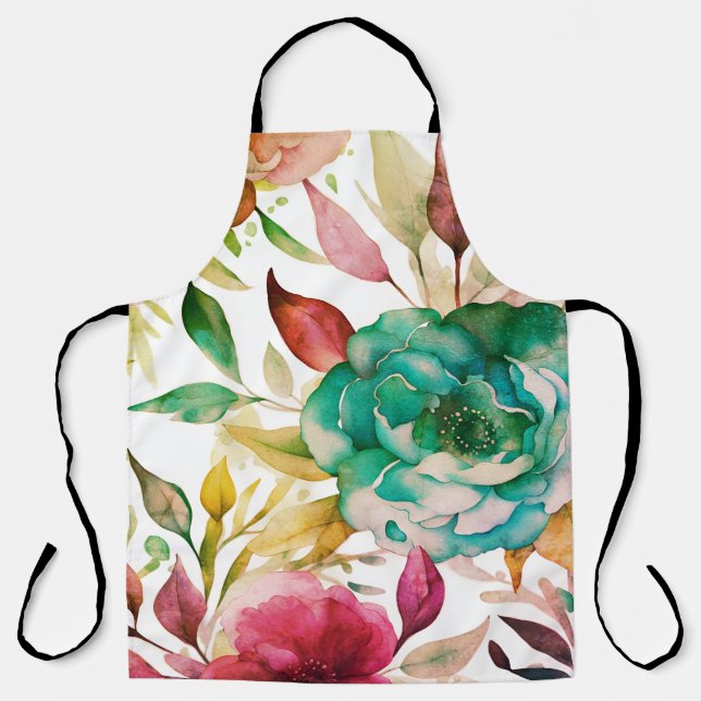 Blue Roses Purple Watercolor Blooms  Apron (Front)
