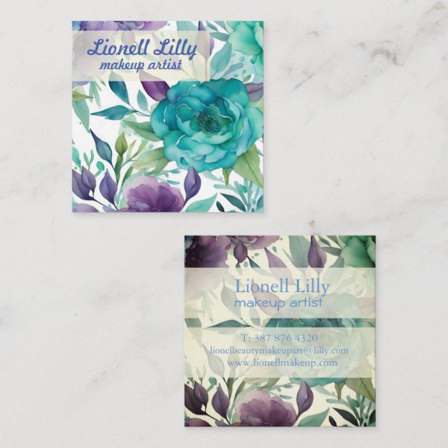 Blue Roses Purple Watercolor Blooms  Square Business Card (Front/Back)