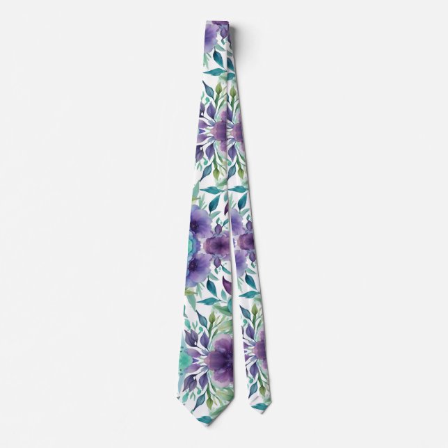 Blue Roses Purple Watercolor Blooms  Tie (Front)