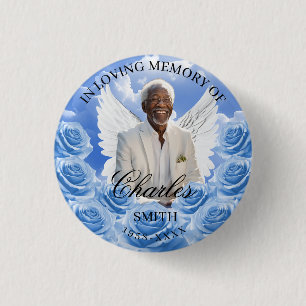 Blue Roses Sky Memorial Button Angel Wings