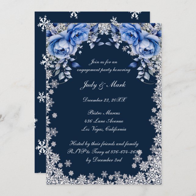 Blue Roses Snowflake Christmas Engagement Party Invitation (Front/Back)