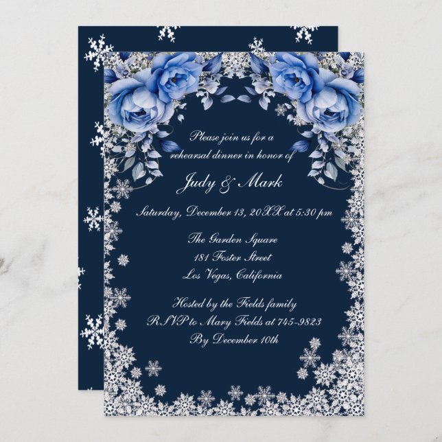 Blue Roses Snowflake Christmas Rehearsal Dinner Invitation (Front/Back)