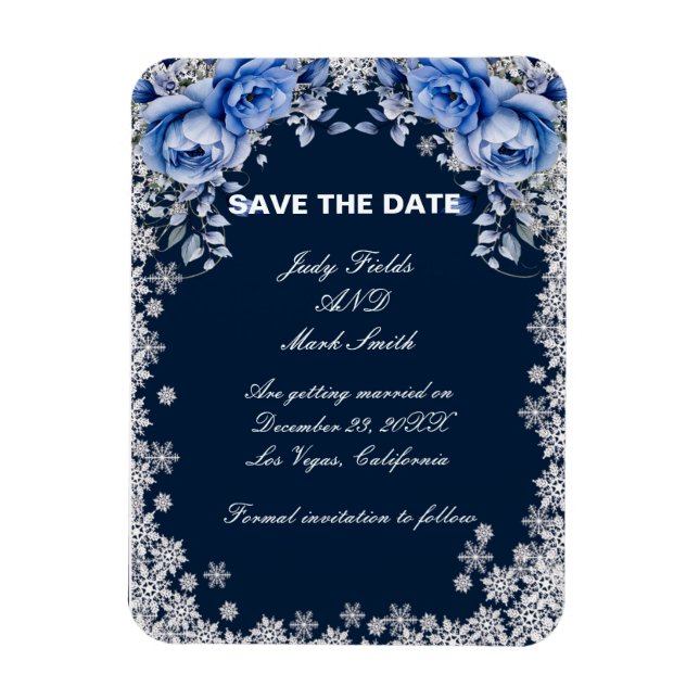 Blue Roses Snowflake Christmas Save The Date Magnet (Vertical)