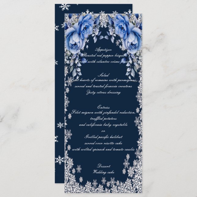 Blue Roses Snowflake Christmas Wedding Menu (Front/Back)