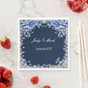 Blue Roses Snowflake Christmas Wedding Napkin