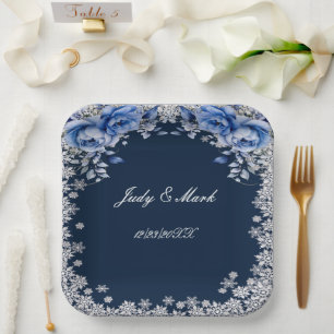Blue Roses Snowflake Christmas Wedding Paper Plate