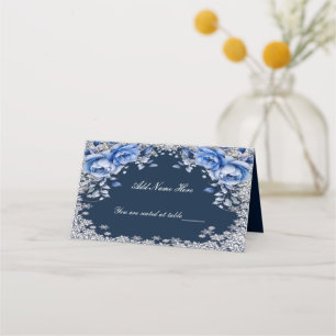 Blue Roses Snowflake Christmas Wedding Place Card