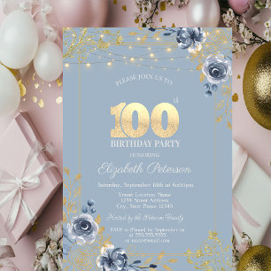 Blue Roses String Lights Dusty Blue 100th Birthday Invitation