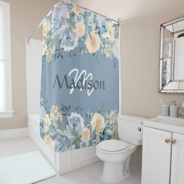 Blue Roses Trendy Girly Monogram Shower Curtain (In Situ)