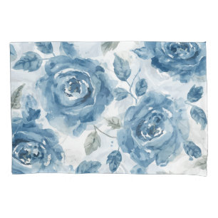 Blue Roses Watercolor Botanical Blooms Floral Pillowcase