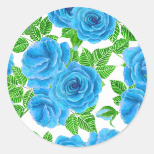 Blue roses watercolor seamless pattern classic round sticker