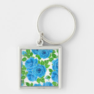 Blue roses watercolor seamless pattern key ring