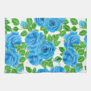 Blue roses watercolor seamless pattern tea towel