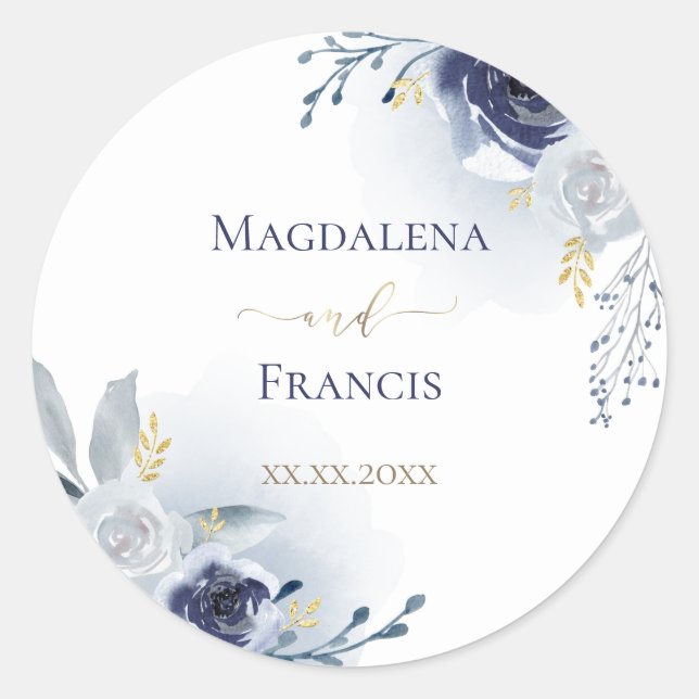 blue roses wedding classic round sticker (Front)