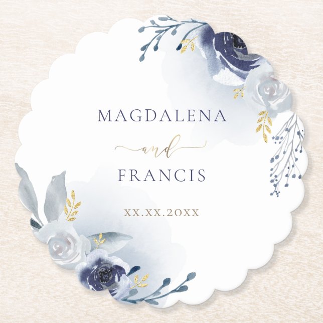 blue roses wedding paper coaster (Front)