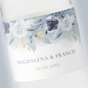 blue roses wedding water bottle label