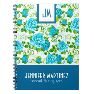Blue Roses White Background Monogram Spiral Notebook