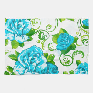 Blue Roses White Background Tea Towel