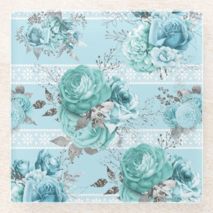 Blue Roses with Lace Glass Coaster