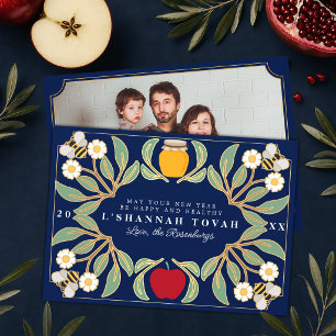 Blue Rosh Hashanah Jewish New Year Floral Photo Holiday Card