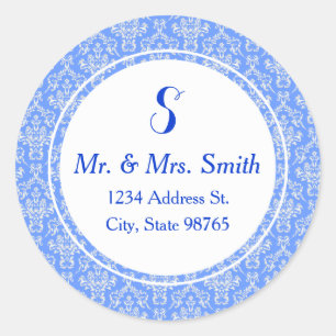 Blue Round Damask Address Label Sticker