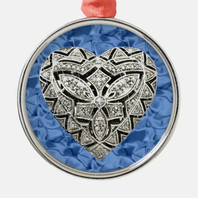 Blue Round Elegant Designer Heart Ornament (Front)