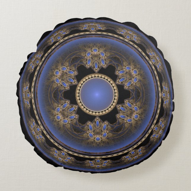 Blue round fractal visual pattern cushion (Front)