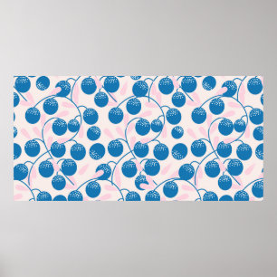 Blue round fruits with pink leaves,in a seamless p poster