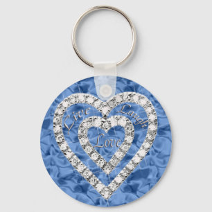 Blue Round Live Laugh Love Diamond Heart Keychain