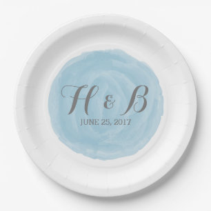 Blue Round Watercolor Wedding Paper Plates