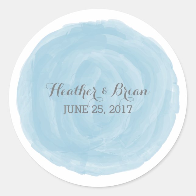 Blue Round Watercolor Wedding Stickers (Front)