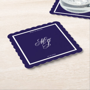 blue Royal elegance minimal calligraphy Wedding Paper Coaster