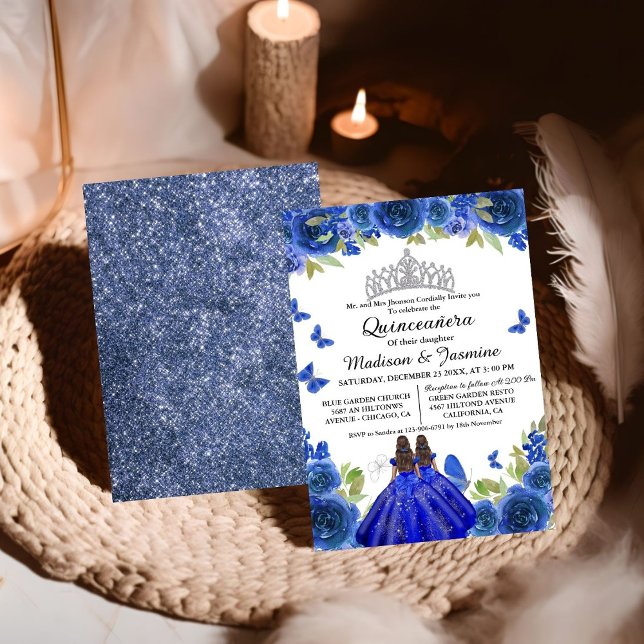  Blue Royal Floral Butterfly Twin Quinceanera Invitation (Creator Uploaded)