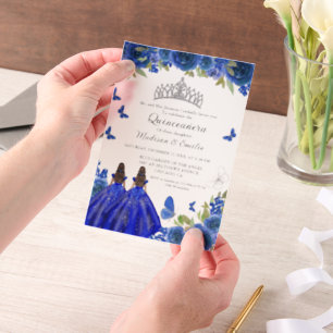 Blue Royal Floral Butterfly Twin Quinceanera  Vellum Invitations