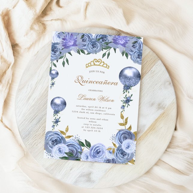 Blue Royal Floral Quinceanera Photo Invitation (Creator Uploaded)