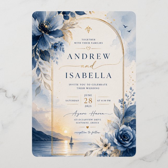 Blue Royal Floral Wedding Invitation (Front)