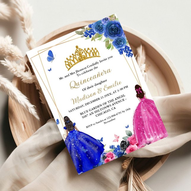 Blue Royal & Fuchsia Butterfly Twin Quinceanera Invitation (Creator Uploaded)