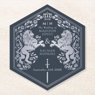Blue Royal Lion Mediaeval Sword Wedding Paper Coaster