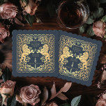 Blue Royal Lion Mediaeval Sword Wedding Paper Coaster<br><div class="desc">Add royal charm to your tablescape! These custom wedding coasters feature a majestic lion and floral design with your names and monogram, all in luxurious gold against a blue background. Perfect for a mediaeval fantasy celebration with timeless elegance! The gold featured on this item is NOT real foil and is...</div>