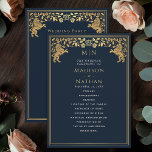 Blue Royal Lion Mediaeval Sword Wedding Program Programme<br><div class="desc">Unveil the magic of your big day! These mediaeval fantasy wedding programs feature a regal lion surrounded by intricate gold florals and a monogram against a navy blue background, blending elegance with a touch of grandeur. A perfect keepsake for your fairytale celebration! The gold featured on this item is NOT...</div>