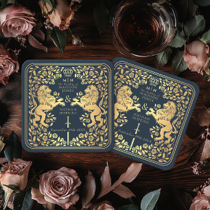 Blue Royal Lion Mediaeval Sword Wedding Square Paper Coaster