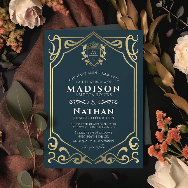 Blue Royal Mediaeval Fantasy Monogram Wedding  Invitation (Creator Uploaded)