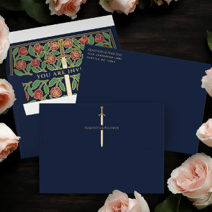 Blue Royal Mediaeval Gold Floral Sword Wedding Envelope