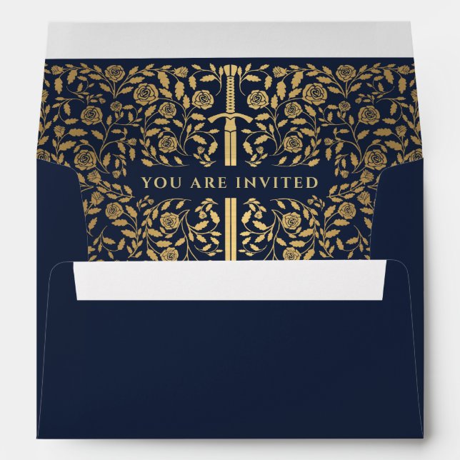 Blue Royal Mediaeval Gold Sword Wedding Envelope (Back (Bottom))
