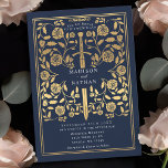 Blue Royal Mediaeval Gold Sword Wedding Invitation<br><div class="desc">Set the tone for your mediaeval fantasy wedding with a bold invitation design—a grand gold sword surrounded by florals against a blue background. Perfect for couples dreaming of an epic, romantic celebration. Make your love story legendary from the very first glance! NOTE: the gold featured in this design is NOT...</div>