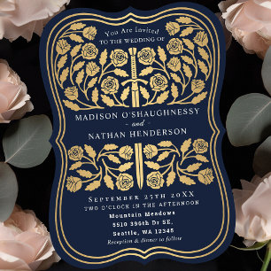 Blue Royal Mediaeval Gold Sword Wedding Invitation