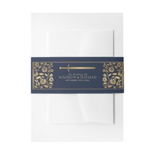 Blue Royal Mediaeval Gold Sword Wedding  Invitation Belly Band