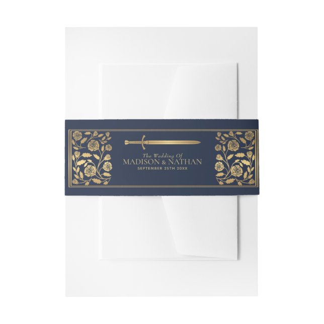 Blue Royal Mediaeval Gold Sword Wedding  Invitation Belly Band (Front Example)